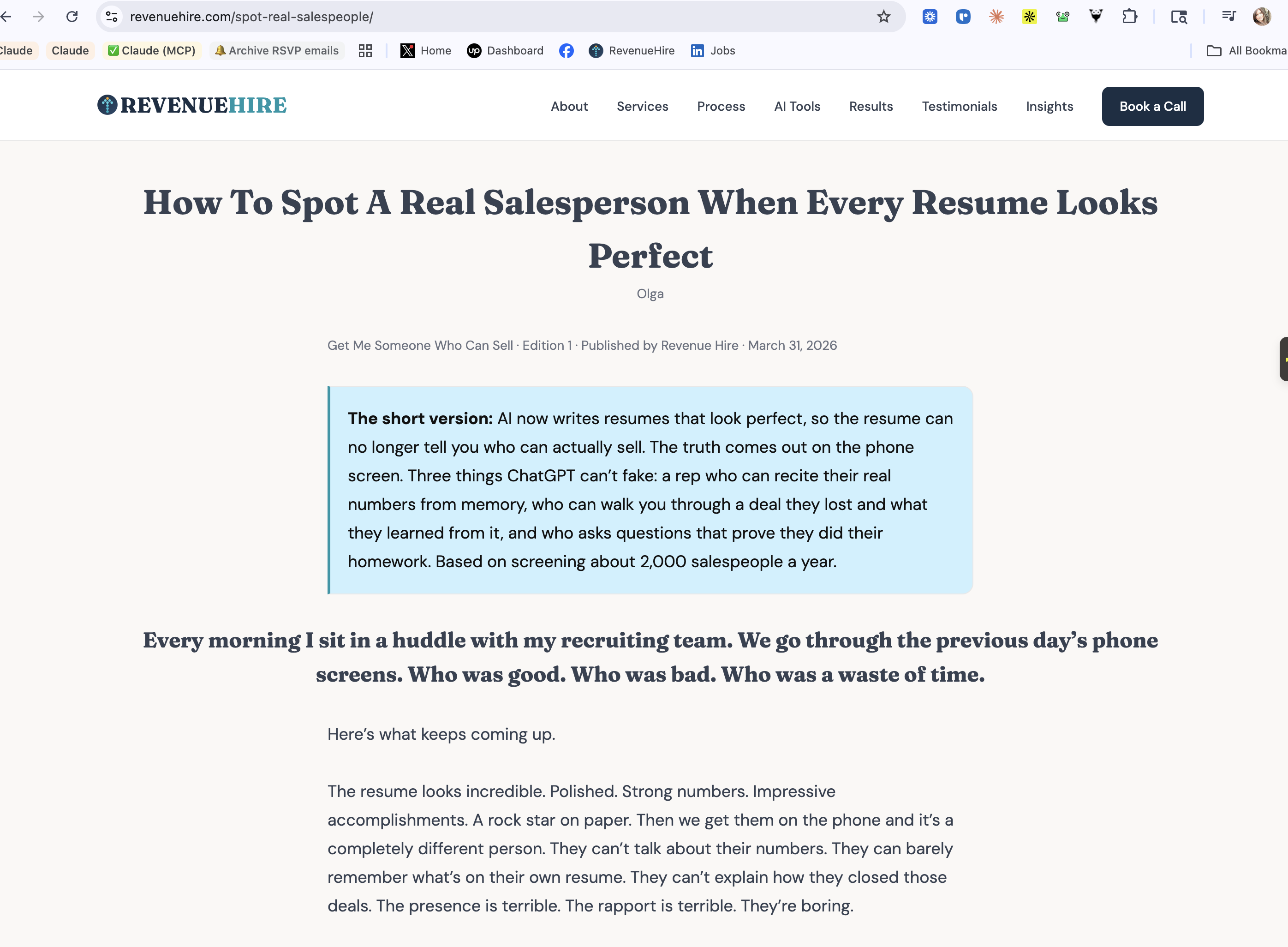 The live newsletter page on revenuehire.com